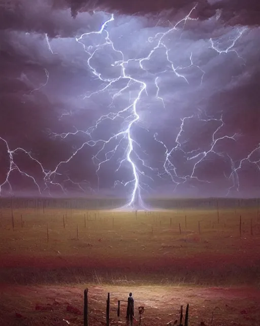 Image similar to a highly detailed epic cinematic concept art CG render digital painting artwork: Lone tree in lightning storm. By Greg Rutkowski, in the style of Francis Bacon and Syd Mead and Norman Rockwell and Beksinski, open ceiling, highly detailed, painted by Francis Bacon and Edward Hopper, painted by James Gilleard, surrealism, airbrush, Ilya Kuvshinov, WLOP, Stanley Artgerm, very coherent, triadic color scheme, art by Takato Yamamoto and James Jean