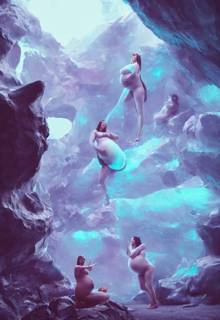 Prompt: epic pregnant woman talking to all her tribe with fluorescence bodies, proud people gather around the pregnant woman, ice cave, facinating, fantasy digital art, octane render, beautiful coherent composition, trending on artstation, matte painting, masterpiece