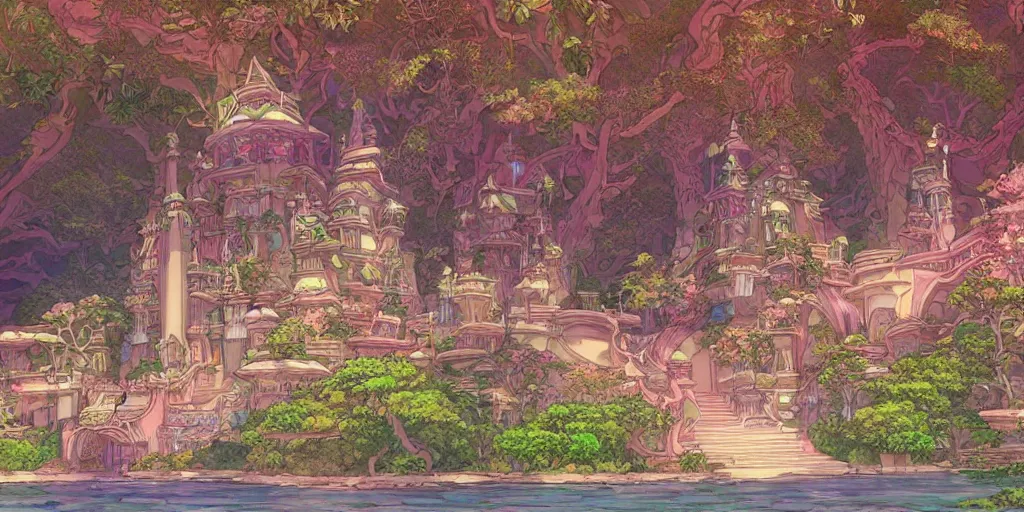 Prompt: beautifully detailed painting of a dreamy psychedelic Palace by studio ghibli , moebius, FFXIV environment design