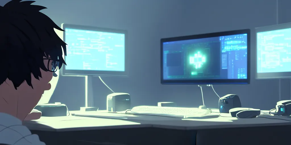 Image similar to a nerdy boy is programming at a computer in a room full of gadgets, by makoto shinkai and ghibli studio, dramatic lighting, highly detailed, incredible quality, trending on artstation