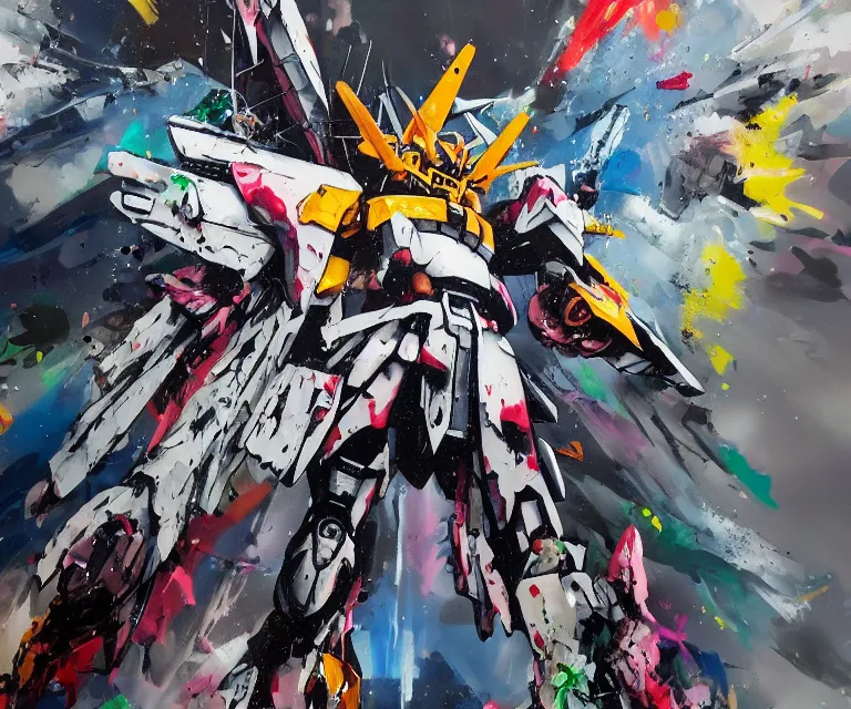 Prompt: acrylic and spraypaint action portrait of a giant gundam battling in space, explosions, graffiti wildstyle, large brush strokes, painting, paint drips, acrylic, clear shapes, spraypaint, smeared flowers, origami crane drawings, large triangular shapes, painting by ashley wood, totem 2, jeremy mann, masterpiece