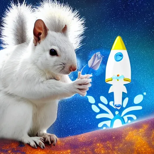 Image similar to A white squirrel on a rocket ship in space and with a blue flower in his paw