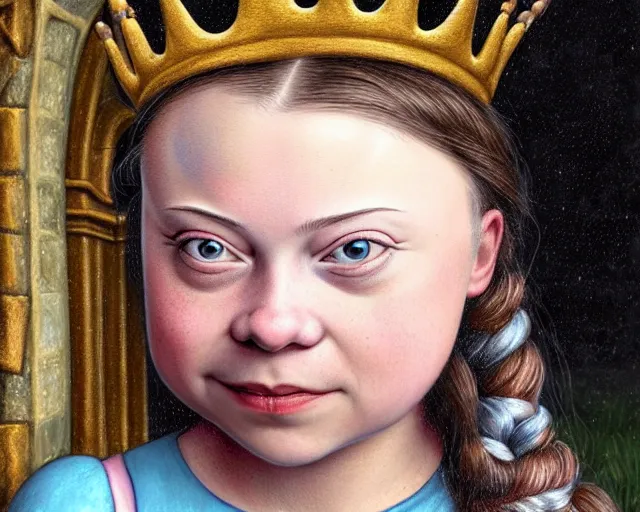 Prompt: closeup profile medieval bosch portrait of greta thunberg as a fairytale princess wearing a crown eating cakes in the castle kitchen, nicoletta ceccoli, mark ryden, lostfish, max fleischer, hyper realistic, artstation, illustration, digital paint, matte paint, vivid colors, bright, cheerful, detailed and intricate environment