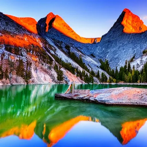 Image similar to sunset above blue lake, beautiful landscape, high detail, instagram photo, professional dslr photo,