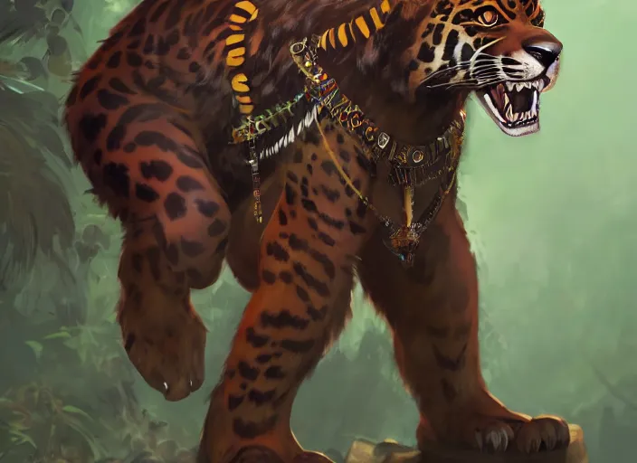 Prompt: character portrait feature of the anthro male anthropomorphic jaguar fursona animal person wearing shaman tribal outfit robes belt standing in the amazon rainforest, character design stylized by charlie bowater, ross tran, artgerm, makoto shinkai, detailed, soft lighting, rendered in octane