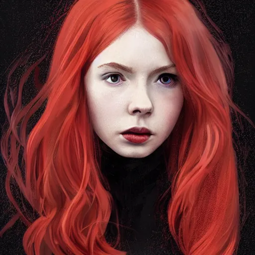 Prompt: A young woman who looks like a mixture between Karen Gillan, Anya Taylor Joy and Thomasin McKenzie, redhead, long and straight hair, wearing red and black utilitarian jumpsuit, scifi, highly detailed portrait, digital painting, artstation, concept art, smooth, sharp foccus ilustration, Artstation HQ.