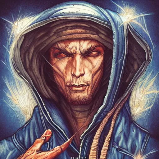 Image similar to ripped physique telekinesis man disguised as a mosquito whilst wearing a denim jacket leonardo da vinci jean sebastien rossbach jeff easley jen bartel staedtler