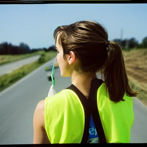 Image similar to photo, close up, emma watson in a hi vis vest picking up trash on the side of the interstate, portrait, kodak gold 2 0 0,