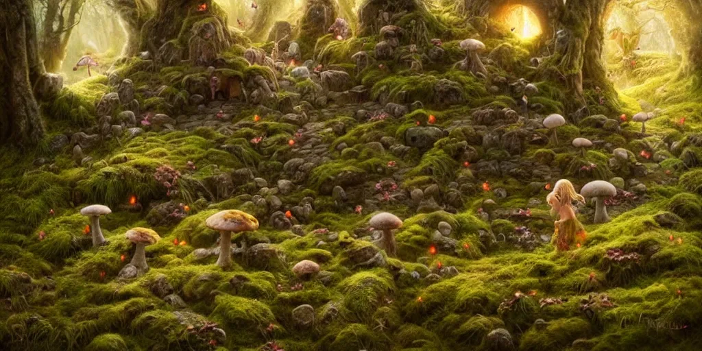 Image similar to fairies in the shire scenery landscape, lord of the rings, stone monoliths, mushroom structures,, moss, fireflies, highly detailed, vivid color, perfect lighting, perfect composition, 8 k, brian froud, artgerm, derek zabrocki, greg rutkowski