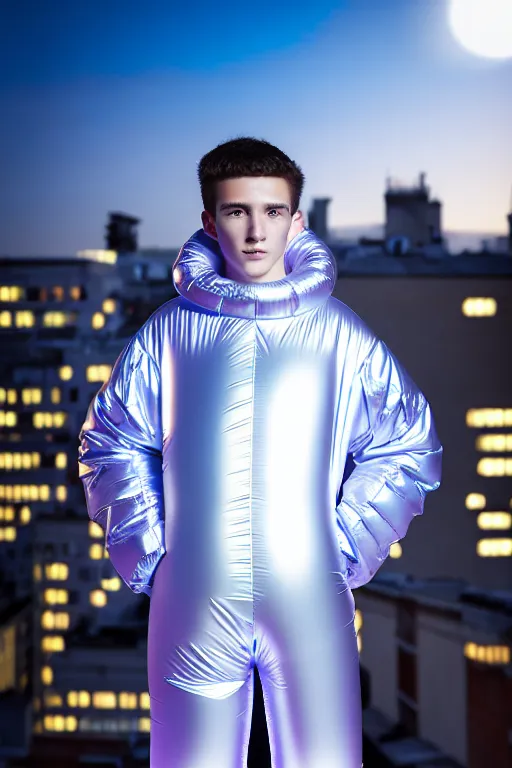 Image similar to un ultra high definition studio quality photographic art portrait of a young man standing on the rooftop of a british apartment building wearing soft baggy inflatable padded silver iridescent pearlescent clothing. three point light. extremely detailed. golden ratio, ray tracing, volumetric light, shallow depth of field. set dressed.