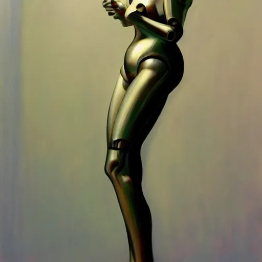 Image similar to a robot woman, edward hopper, hajime sorayama, trending on artstation,