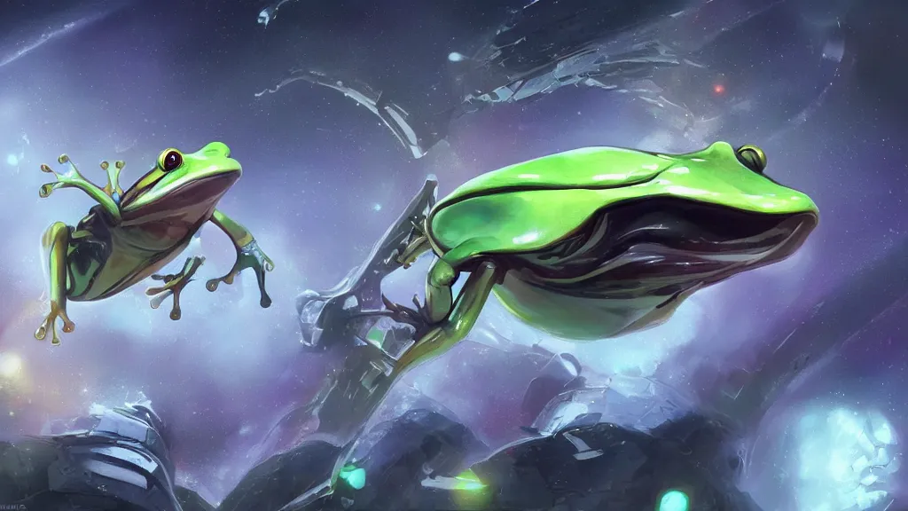 Prompt: a beautiful digital artwork of a frog piloting a futuristic spaceship, trending on artstation, realistic