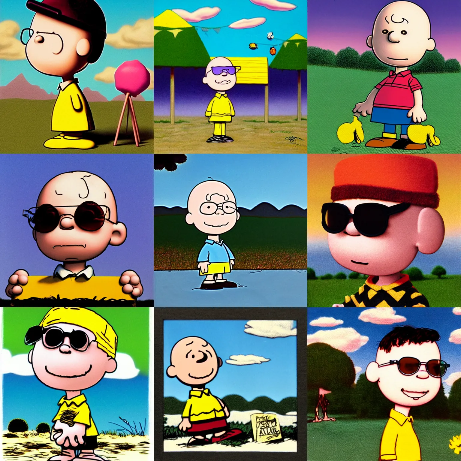 Prompt: charlie brown from peanuts wearing sunglasses lowbrow, matte painting, highly detailed, in the style of mark ryden