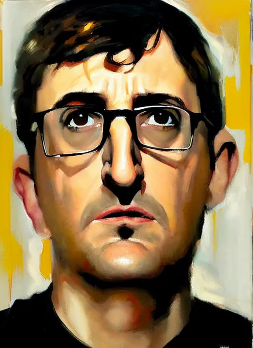 Image similar to louis theroux, painting by phil hale, 'action lines'!!!, graphic style, visible brushstrokes, motion blur, blurry