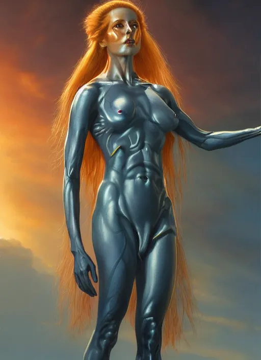 Image similar to biblical beautiful female android, glowing veins, in clouds, sunset, portrait, by gerald brom, by peter elson, muted colors, extreme detail, reflections, trending on artstation, 8 k