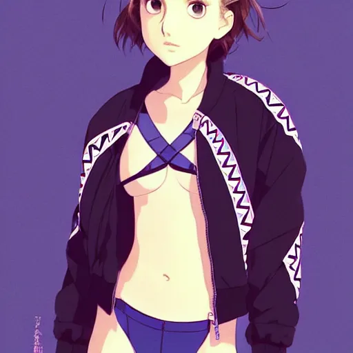 Image similar to a beautiful! boyish! natalie portman alluring gravure! model, wearing oversized aztec bomber jacket and leotard, poofy bomber jacket with mayan patterns, gapmoe yandere grimdark, trending on pixiv fanbox, painted by greg rutkowski makoto shinkai takashi takeuchi studio ghibli, akihiko yoshida