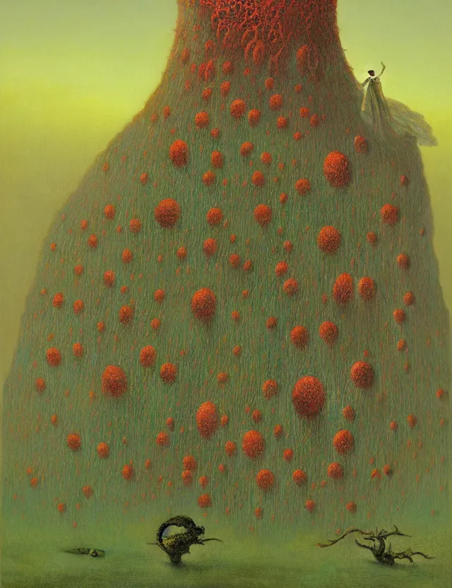 Image similar to fungal bloom monarch on ancient throne, forgotten slime mold king by zdzisław beksiński, oil painting award winning, chromatic aberration radioactive colors