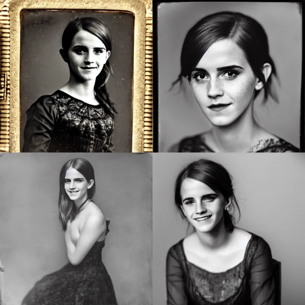 Prompt: A daguerreotype photograph of Emma Watson Smiling