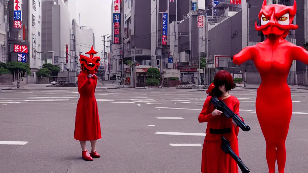 Prompt: a woman in a red dress wearing a red demon mask standing alone on an empty street in downtown Tokyo with a gun, film still from the an anime directed by Katsuhiro Otomo with art direction by Salvador Dalí, wide lens