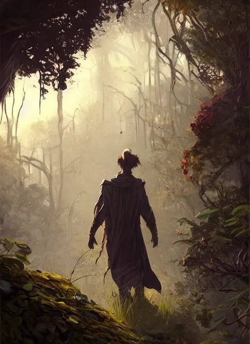 Prompt: an caped traveller walking on an abandoned temple, overgrown, grassy, sunny, dungeon, mystery, fantasy, fine details. night setting. realistic shaded lighting poster by craig mullism, artgerm, jeremy lipkin and michael garmash, unreal engine, radiant light, detailed and intricate environment, digital art, trending on art station,