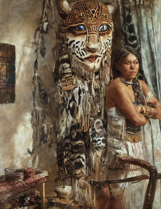 Prompt: a mayan jaguar warrior in country house, cottage core, cinematic focus, bleached vintage pastel colors high - key lighting, soft lights, foggy, by steve hanks, by lisa yuskavage, by serov valentin, by tarkovsky, detailed, oil on canvas