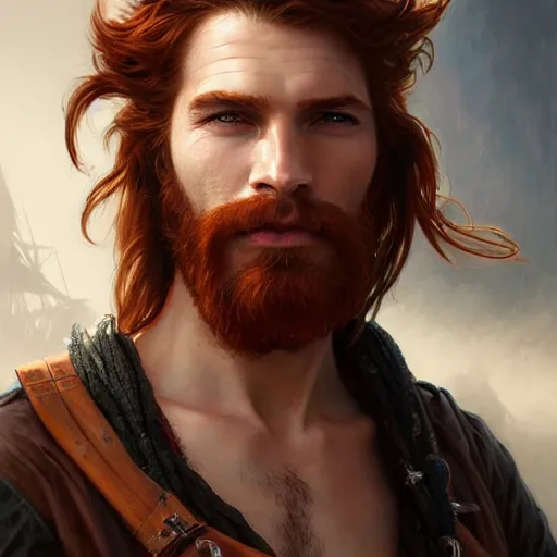 Prompt: portrait of a young ruggedly handsome but optimistic pirate, male, masculine, upper body, red hair, very long hair, d & d, fantasy, intricate, elegant, highly detailed, digital painting, artstation, concept art, matte, sharp focus, illustration, art by artgerm and greg rutkowski and alphonse mucha