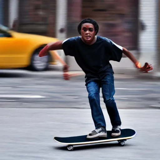 Image similar to high quality photo of a black harry potter on a skateboard in new york city