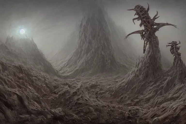 Image similar to prophecy, moody, amazing concept painting, art station, by Jessica Rossier and HR giger and Beksinski, the middle of a valley; it was full of bones, bones that were very dry, there was a noise, a rattling sound, and the bones came together, bone to bone , I looked, and tendons and flesh appeared on them and skin covered them, but there was no breath in them and breath entered them, they came to life and stood up on their feet a vast army