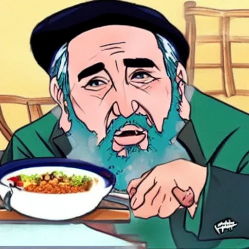Image similar to fidel castro eating rice, anime
