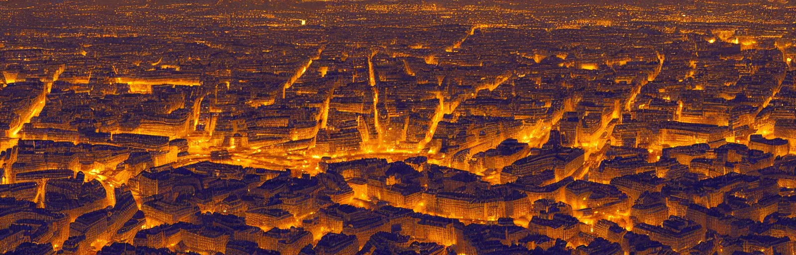 Image similar to night time overhead drone helicopter photo of paris france with bokeh, depth of field, glowing lights, romantic beautiful, black, red, yellow, orange colors, telephoto lens, romantic, soft, beautiful, award winning architecture, extremely beautiful lighting, cinematic composition, modern, render, architectural, architecture, realistic, clear