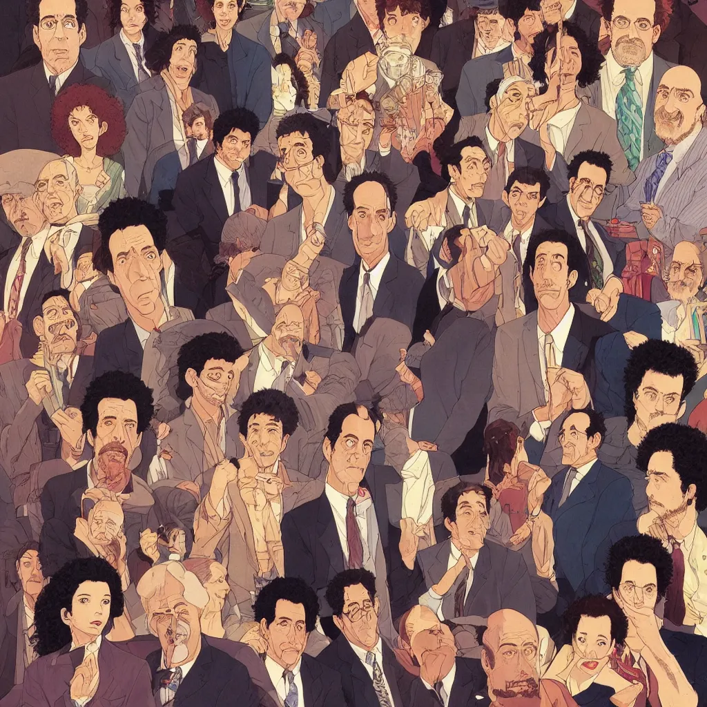 Image similar to highly detailed illustration of all the known species of seinfeld cast, jewish, yiddish, kosher and gentile by juan gatti, by makoto shinkai, by moebius!, by oliver vernon