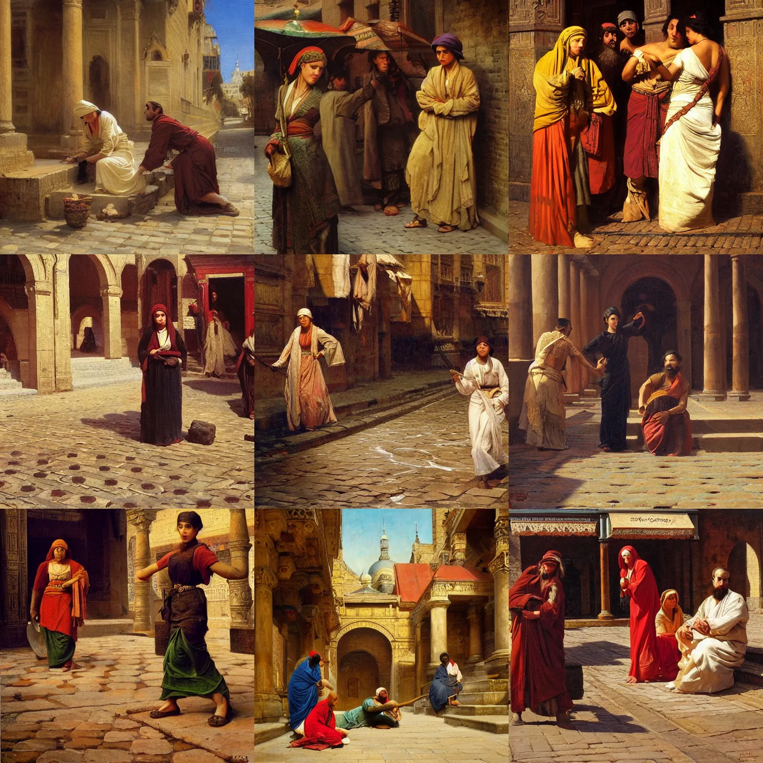 Prompt: orientalism painting blood on the cobblestones by Edwin Longsden Long and Theodore Ralli and Nasreddine Dinet and Adam Styka, masterful intricate artwork. Oil on canvas, excellent lighting, high detail 8k