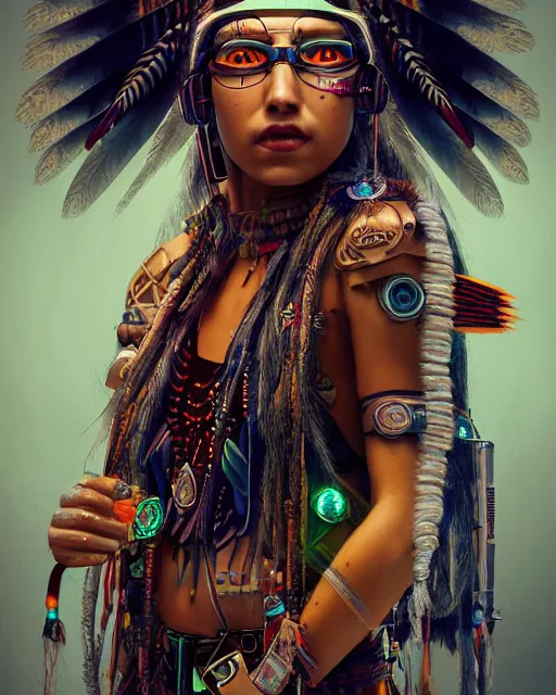 Prompt: Beautiful art portrait of a cyberpunk native american female owl shaman in a temple, cyberpunk aesthetic, atmospheric lighting, intricate detail, cgsociety, hyperrealistic, octane render, RPG portrait, ambient light, dynamic lighting,