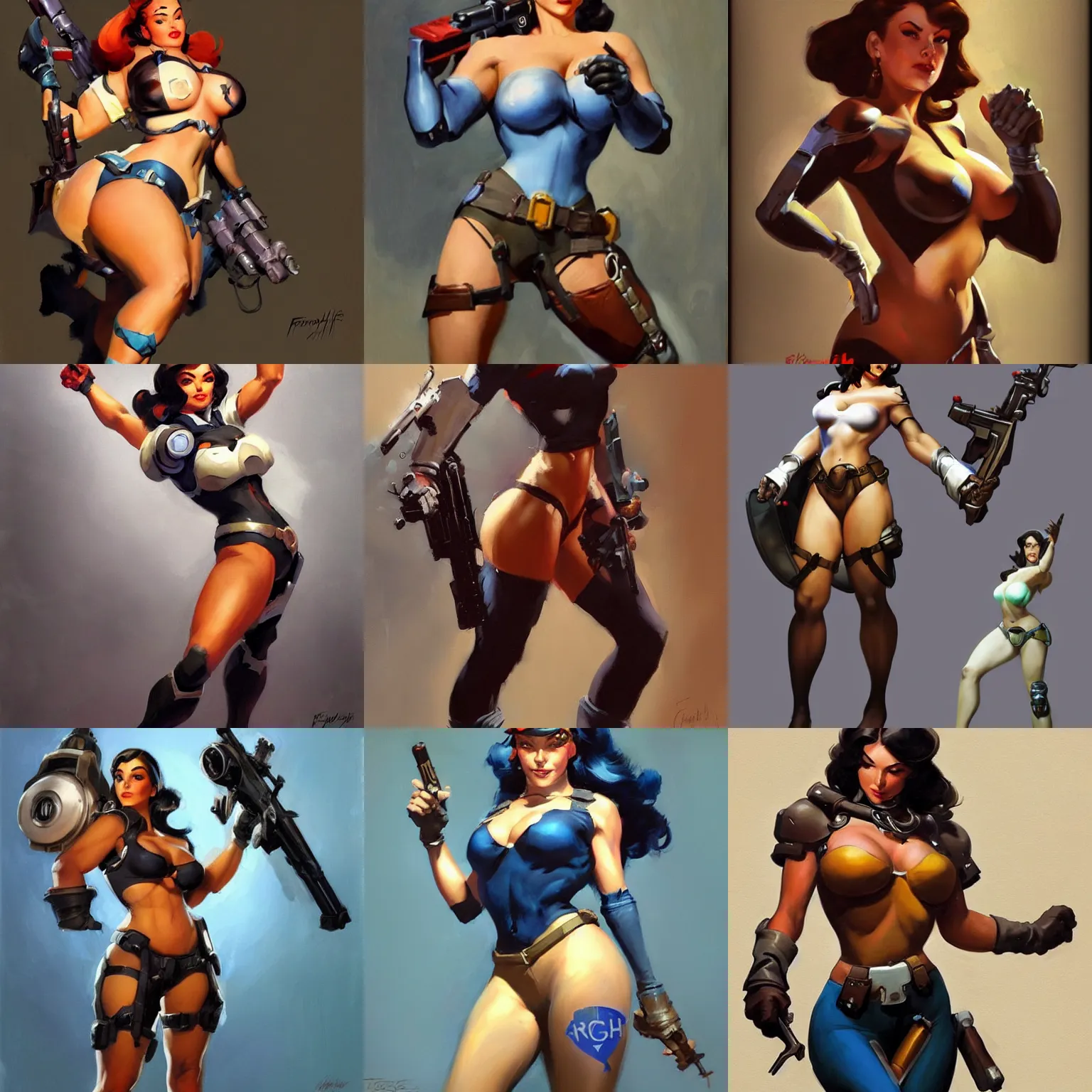 Image similar to Greg manchess, Frank frazetta, realistic female overwatch pin up character, full body, trending on artstation