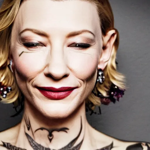 Image similar to full body tattooed cate blanchett, nose ring, 4k