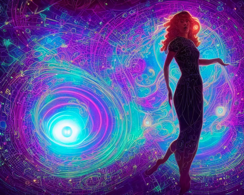 Image similar to a beautiful whimsical woman standing under a multi-colored binary blackhole with an accretion disc, casting magic, glowing trails following her arms, acidwave, intricate repeating geometric patterns, fractals, by Lois van Baarle, by Greg Rutkowski, by artgerm, by beeple, by moebius, cinematic angle, volumetric lighting, 4k resolution, octane render, trending on artstation, masterpiece