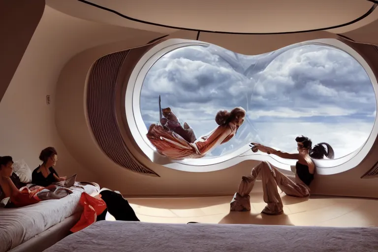 Image similar to sci-fi scene of space tourists in glamourous spaceship bedroom looking out large circular window at earth orbit By Emmanuel Lubezki