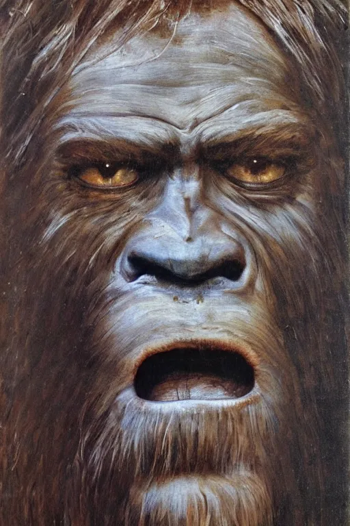 Image similar to a closer personal portrait of bigfoot with very piercing eyes, very charismatic. in the old west. masterpiece, dark. painted by norman rockwell and james gurney