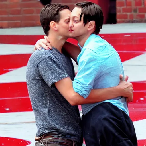 Image similar to tobey maguire kissing tobey maguire, kinda wet and sloppy, drooling, while eating messy greasy pizza