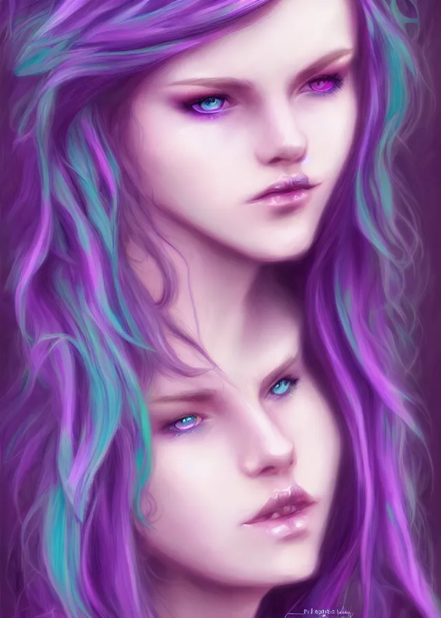 Image similar to fae teenage girl, portrait, face, long turquoise hair, purple highlights, fantasy, intricate, elegant, highly detailed, digital painting, concept art, smooth