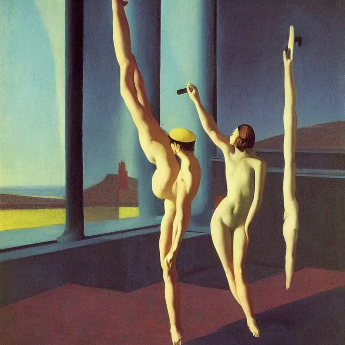 Prompt: pole dancing fairies, Edward Hopper and Rene Magritte, highly detailed