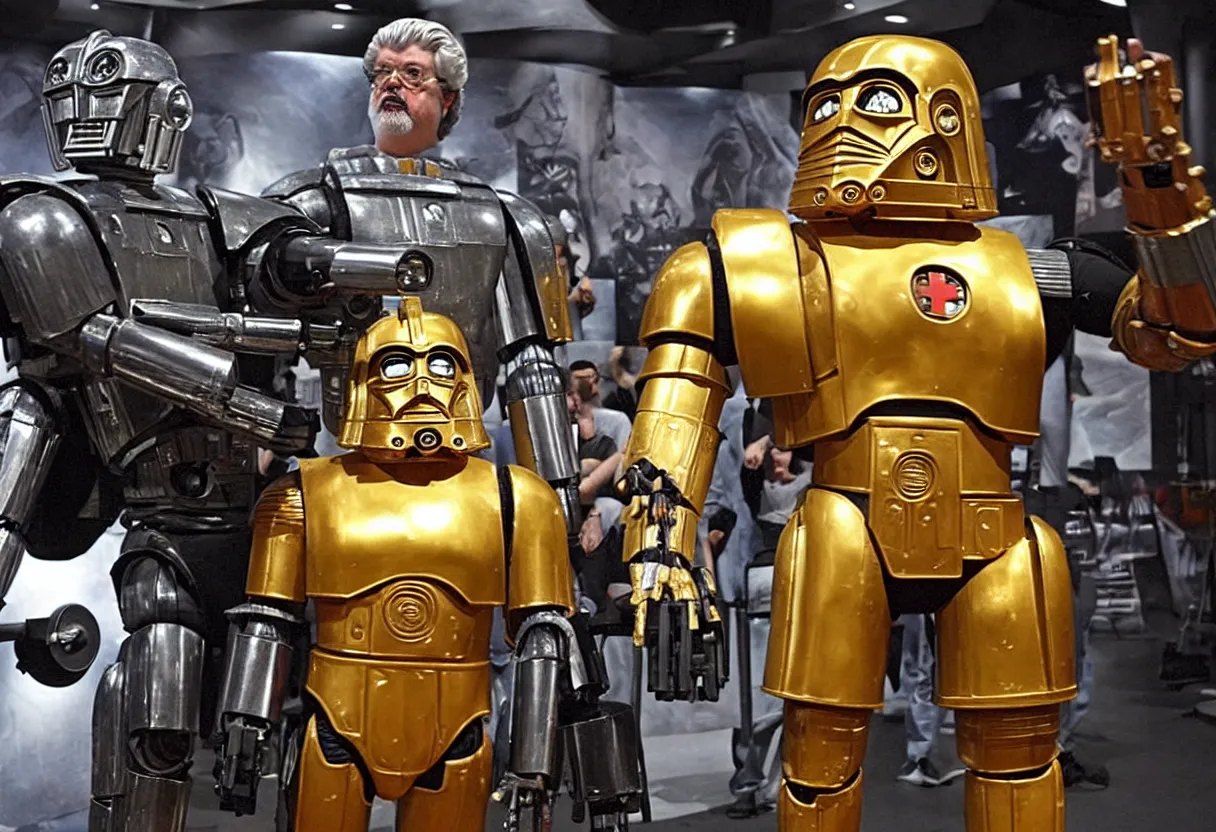 Image similar to “George Lucas battles with a giant, bodybuilder c3P0 mega-mech in his new space opera movie Swiss Cottage, which many claim to be a poor quality knockoff of a Star Wars. HQ movie still. Be creative! I’m counting on you to impress me, Stable Diffusion, don’t let me down with some shonky looking AI bullshit”