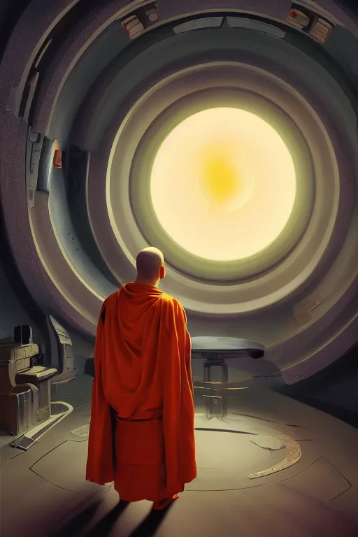 Image similar to portrait of a monk in a spaceship, round window, exploding planet, orange robe, dramatic lighting, artstation, matte painting, ralph mcquarrie