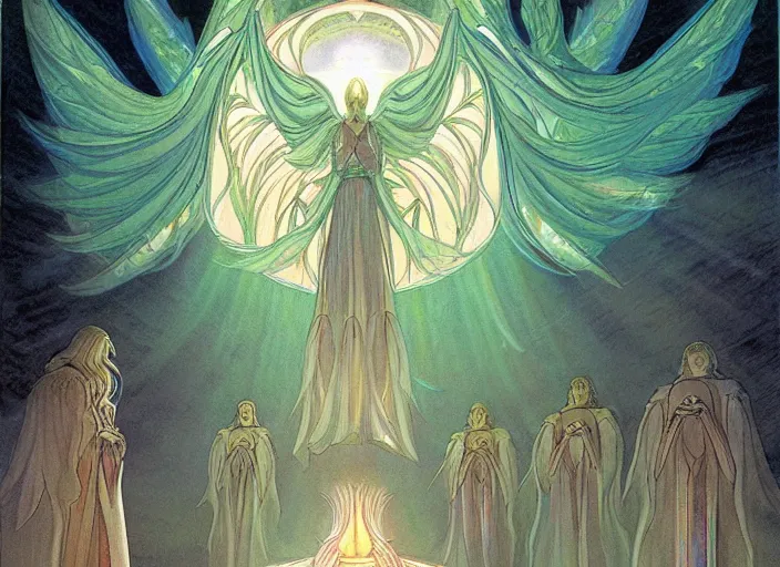 Prompt: a symmetrical!!! delicate mtg illustration by charles vess of a flock of radiant seraphim emerging from the glowing doorway of a massive vulva - shaped temple made of smooth organic architecture and floating in the astral plane and constructed of house - sized crystals and a bulb of the vestibule made of iridescent pearl