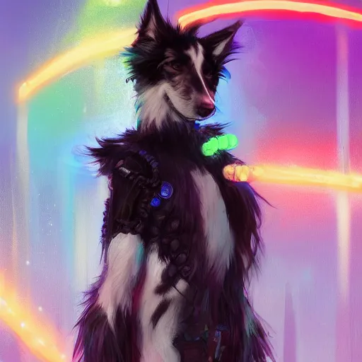 Image similar to wide angle beautiful full body portrait of a cute male anthropomorphic anthro border collie fursona wearing cowboy outfit in a neon metropolis, character design by charlie bowater, henry asencio, and ross tran, furry art, furaffinity, beautiful, glamor pose, detailed, aesthetic, trending on artstation