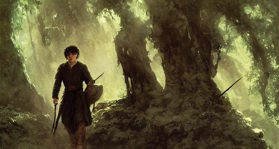 Prompt: frodo baggins in the shire, intricate, elegant, highly detailed, john park, frazetta, john howe, ruan jia, jeffrey catherine jones