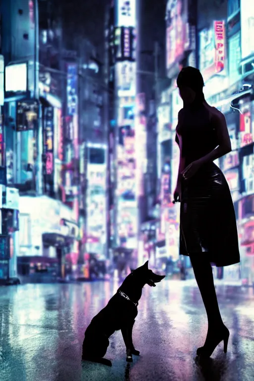 Prompt: sleek metallic female cyborg, walking a german shepard, futuristic tokyo cityscape, rain, neon signs, nighttime, no blur, high detail, cinematic,