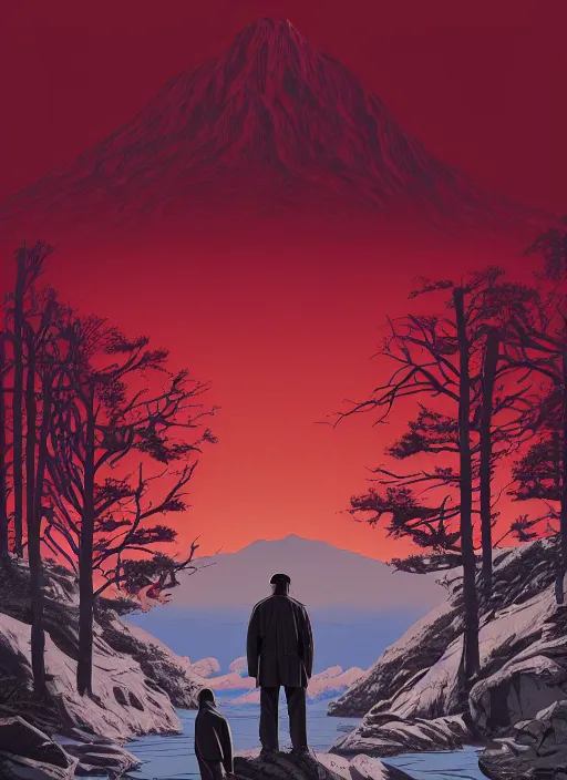 Prompt: Twin Peaks movie poster artwork by Michael Whelan and Tomer Hanuka, Rendering of a chimpanzee in a lap coat, small rural town in background, from a scene from Twin Peaks, clean, full of detail, Matte painting, trending on artstation and unreal engine