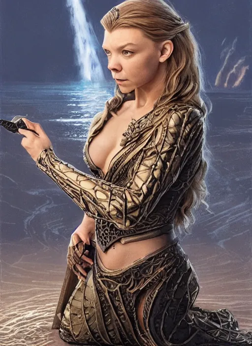 Image similar to Natalie Dormer as Margaery Tyrell as a ruggedly handsome heroine kneeling next to a glowing artifact lodged in shallow water, intricate, elegant, highly detailed, artstation, concept art, smooth, sharp focus, illustration, art by artgerm and donato giancola and Joseph Christian Leyendecker, WLOP, fireflies