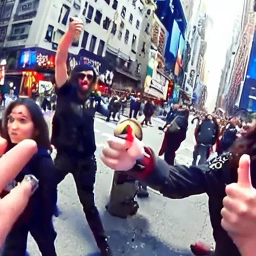 Prompt: bodycam footage of jared leto going crazy pointing a knife at people, new york streets, wide angle, fisheye, uhd, 4 8 0 p, bodycam, paparazzi, bad quality